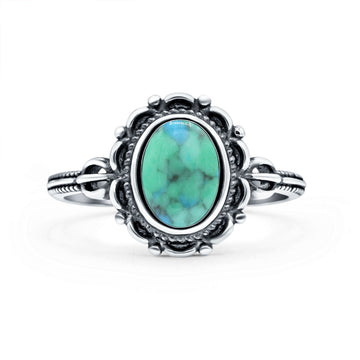 Vintage Style Petite Dainty Simulated Turquoise Ring Solid Oval Oxidized 925 Sterling Silver